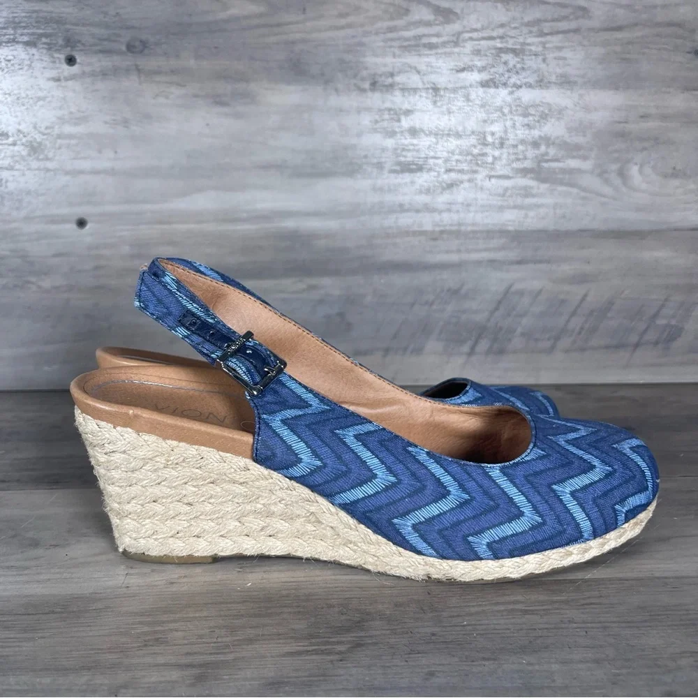 Vionic Womens 9 Coralina Blue Chevron Espadrille Supportive Wedge Slingback Shoe